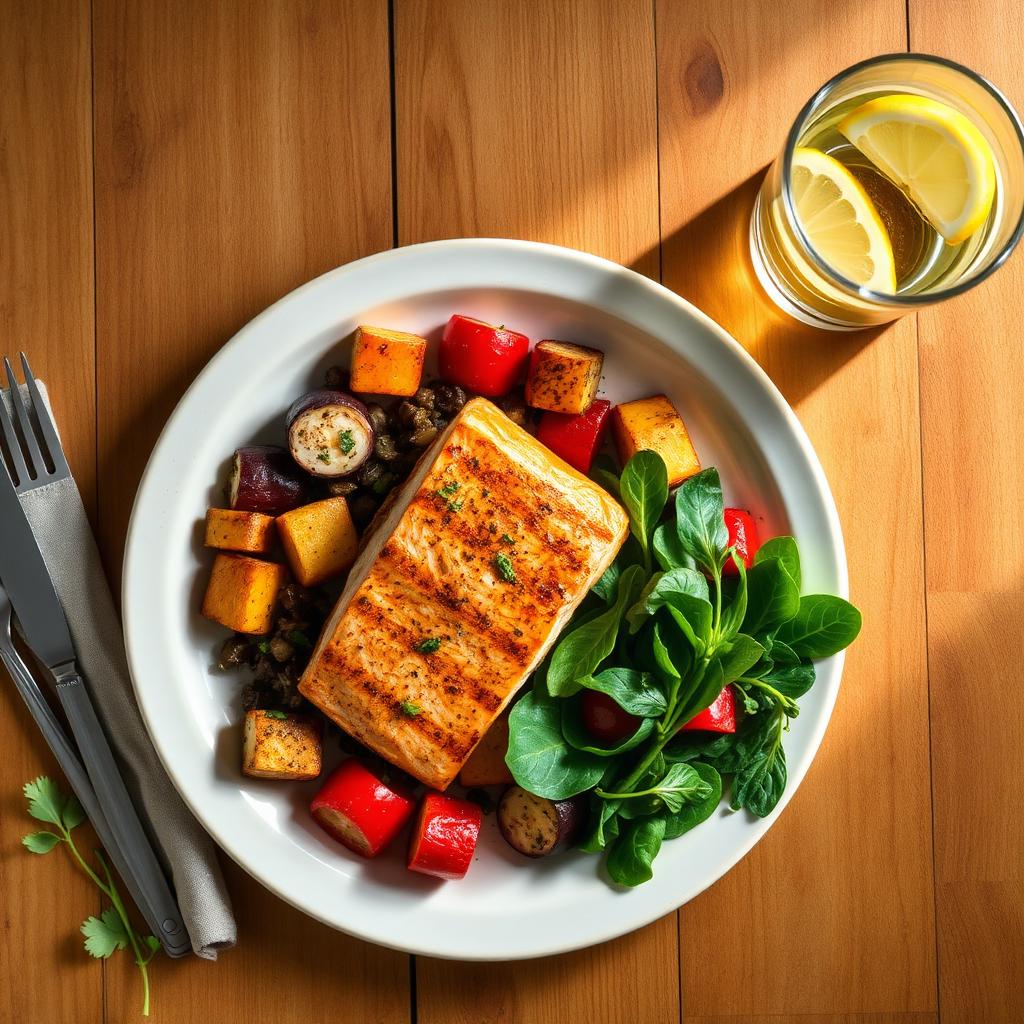 Mediterranean style healthy plate of grilled salmon and vegetables