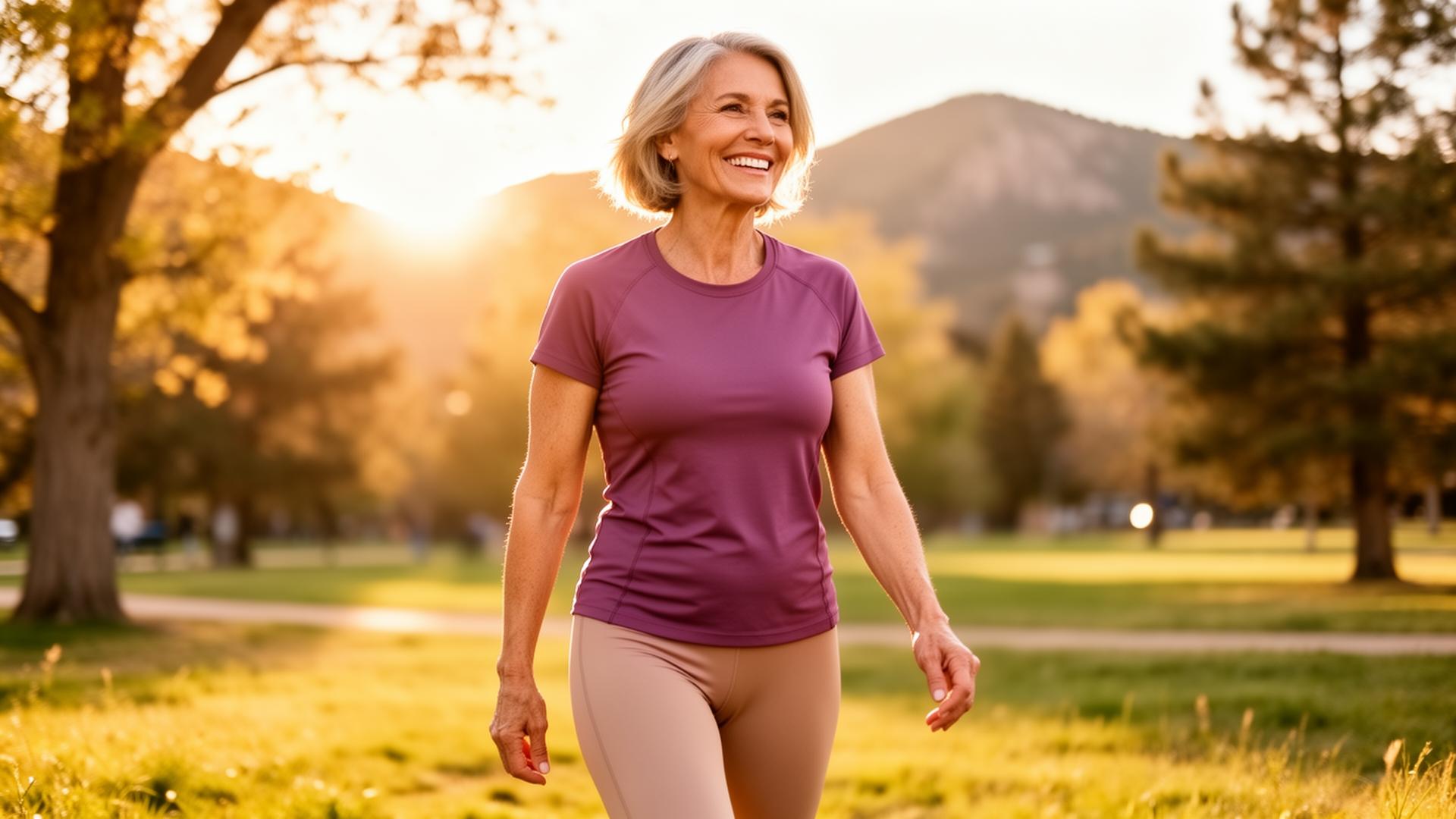 Woman in her 40s walking outdoors in a Colorado park at golden hour