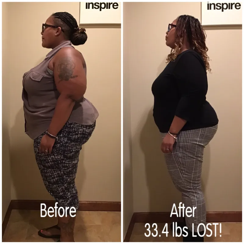 Go Figure Health client before and after — 33.4 lbs lost