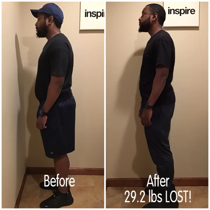 Go Figure Health client before and after — 29.2 lbs lost