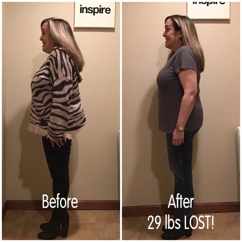 Go Figure Health client before and after — 29 lbs lost