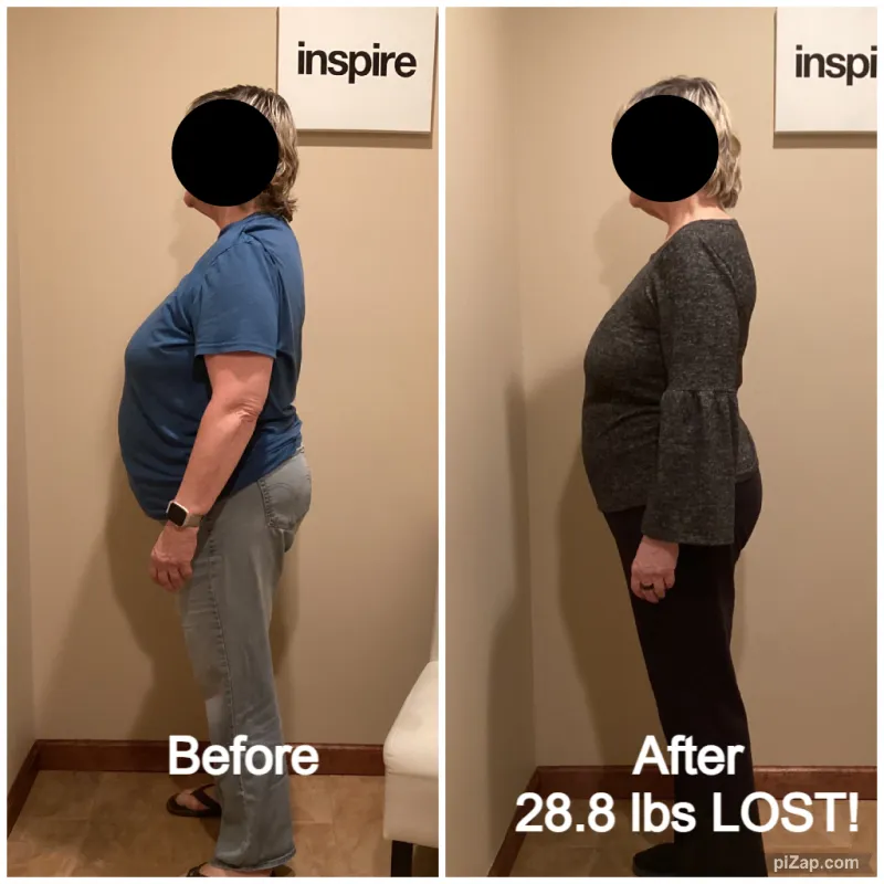 Go Figure Health client before and after — 28.8 lbs lost