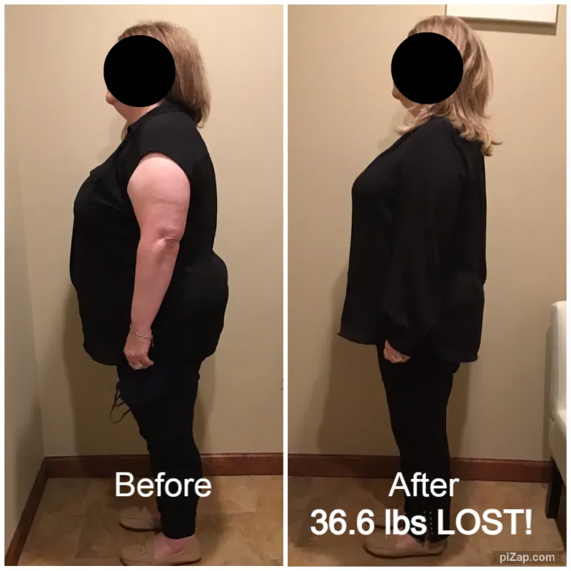 Go Figure Health client before and after — 36.6 lbs lost