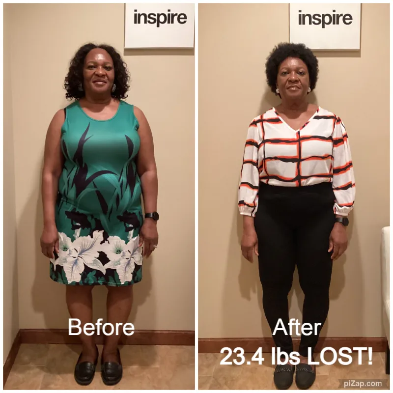 Go Figure Health client before and after — 23.4 lbs lost