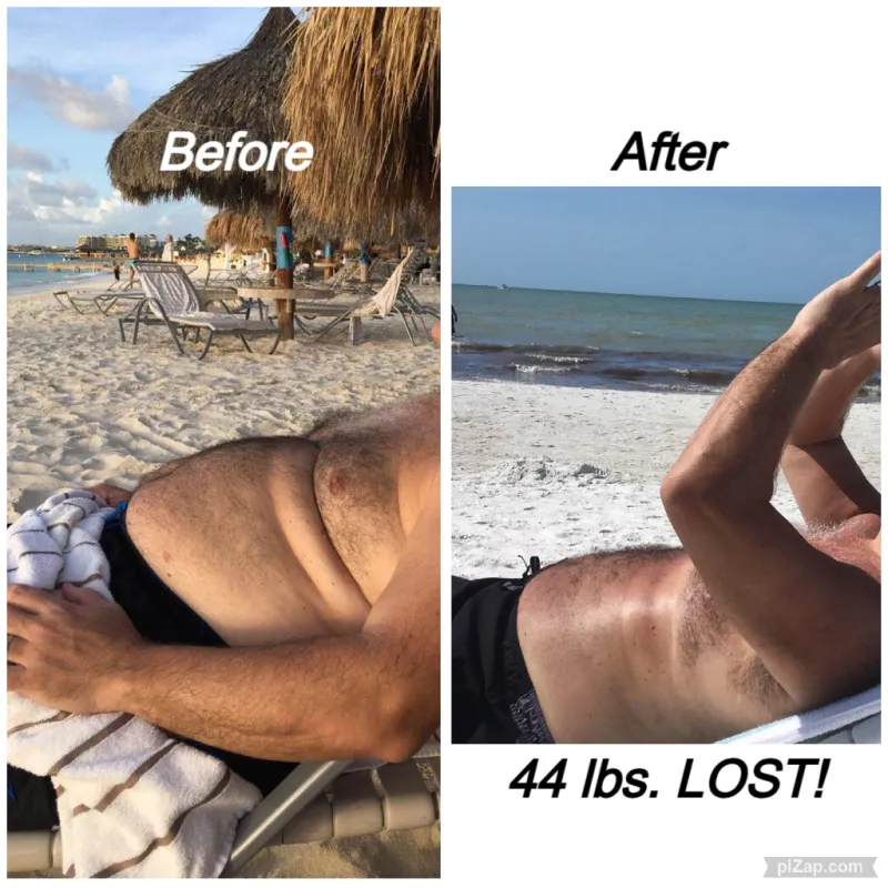 Go Figure Health client before and after — 44 lbs lost