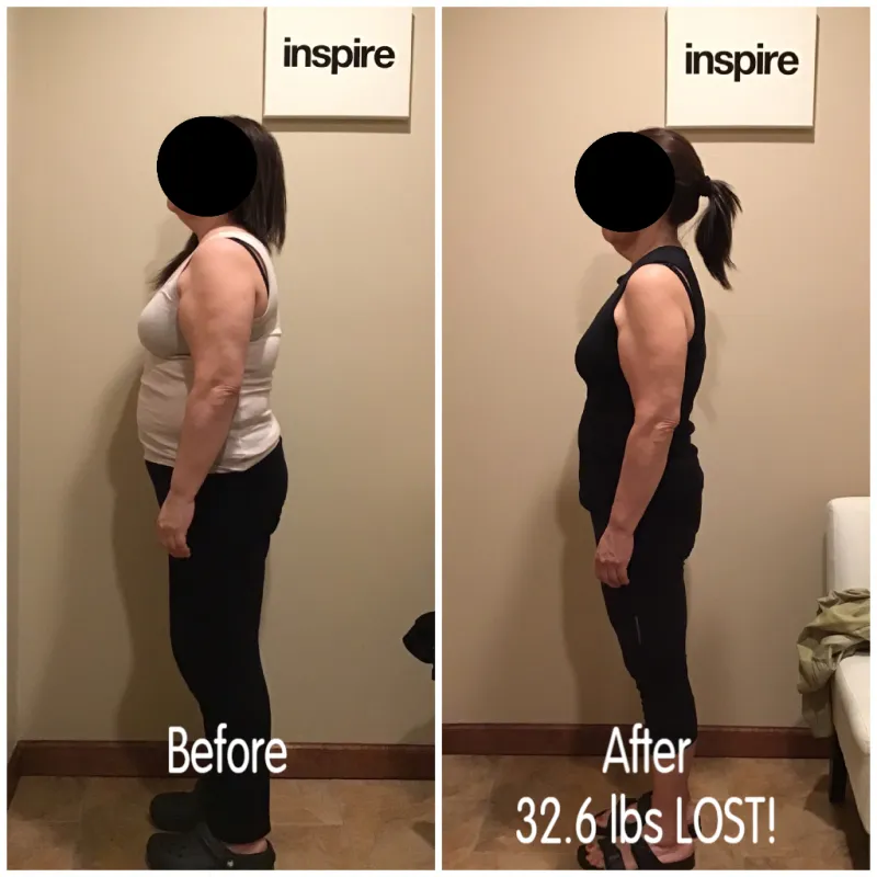 Go Figure Health client before and after — 32.6 lbs lost
