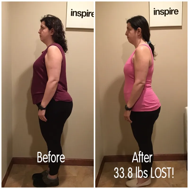 Go Figure Health client before and after — 33.8 lbs lost