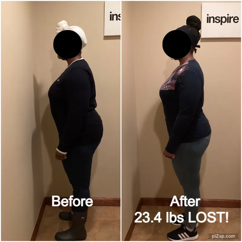 Go Figure Health client before and after — 23.4 lbs lost