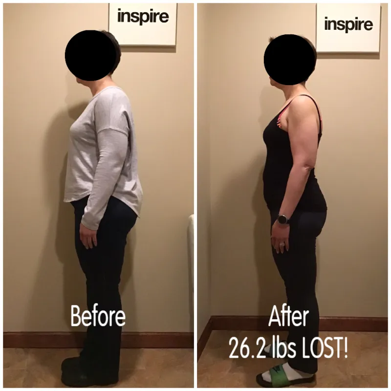 Go Figure Health client before and after — 26.2 lbs lost