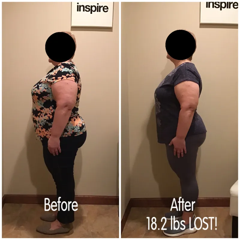 Go Figure Health client before and after — 18.2 lbs lost